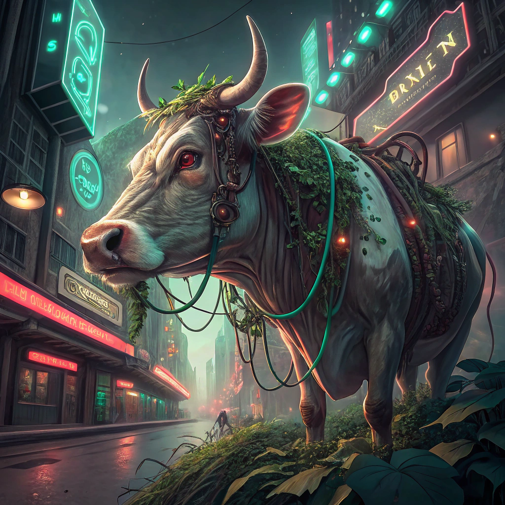 AI generated image by Red Panda AI: cow, wires, distant future, cyberpunk, robot,body horror, biopunk, eats basil, cow gives pesto, <lora:DistantFuture:0.75> distantfuture,  