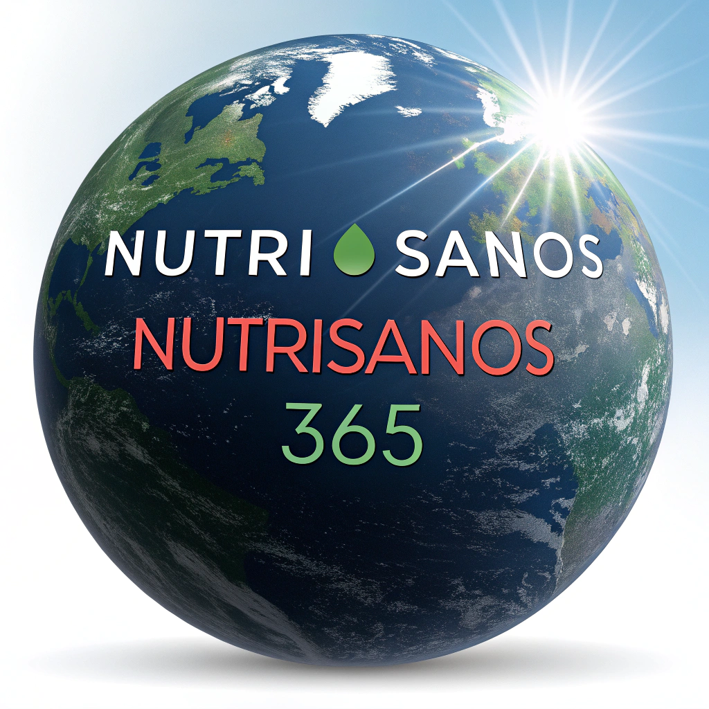 AI generated image by Red Panda AI: Deseo hacer un logo, con la palabra NUTRISANOS 365, donde NUTRI sea color verde bosque, SANOS color Azul oscuro y 365 color rojo. La palabra NUTRISANOS 365, estará dentro de una esfera que imita el planeta tierra, donde la mitad superior es de color azul cielo y en el centro habrá un sol brillando, y en la parte media inferior será de color verde.