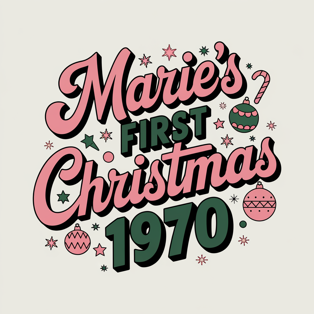 AI generated image by ideogram 2.0: marie's first christmas 1970 pink text design