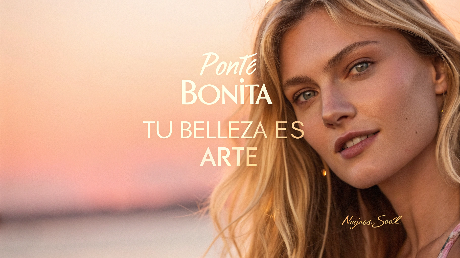 AI generated image by Red Panda AI: Foto retrato mujer rubia, expresión segura natural, mira cámara, luz cálida. Fondo rosa pálido o cielo melocotón suave. Texto superpuesto: "💋 Ponte Bonita" en fucsia, script cursiva bold (tipo Pacifico); debajo "TU BELLEZA ES ARTE" en blanco/dorado, sans-serif moderna mayúsculas (tipo Montserrat). Detalles sutiles: estrellas/corazones ✨. Borde tipo Polaroid 📸 o pinceladas artísticas suaves. Firma esquina inferior: "Inojosa Soul" manuscrita. Estilo: Femenino, artístico. Paleta: Fucsia, rosa pálido, blanco/dorado.