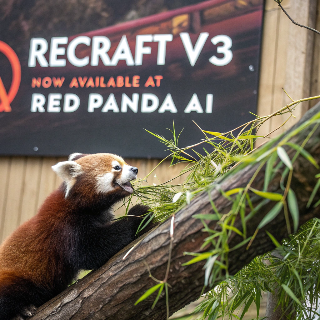 AI generated image by Red Panda AI: a red panda eating a bamboo in front of a poster that says "recraft V3 now available at red panda ai