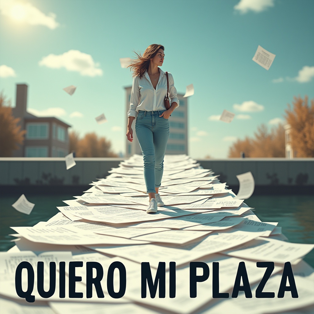 AI generated image by FLUX.1: Design a hyper-realistic and motivational podcast cover for 'Quiero mi Plaza'. The image should depict a woman walking carefully across a bridge made of exam papers and notes, symbolizing the challenge of passing the healthcare exam to achieve her goal. At the end of the bridge, in the distance, a hospital is clearly visible, representing the final destination.

The woman should wear casual but professional clothing, looking determined as she carefully navigates the unstable bridge. Some papers should be flying away, symbolizing the difficulty and uncertainty of the journey. The perspective should be slightly low-angled, creating depth and emphasizing the challenge ahead.

The lighting should be natural and balanced, avoiding dramatic cinematic tones. The color palette should be warm and neutral, incorporating tones of beige, blue, and soft grays for a more realistic and approachable look.

At the bottom of the image, the text 'QUIERO MI PLAZA' must be in bold, modern sans-serif typography, spanning the entire width from left to right with no empty space. The text must be large, thick, and evenly spaced, dominating the entire lower third of the image without any obstruction.

'QUIERO' must be in white.
'MI PLAZA' must be in another contrasting color (e.g., deep blue or dark red) to stand out.
The image should feel realistic, powerful, and highly detailed, conveying the effort, uncertainty, and perseverance required to succeed in the medical exam