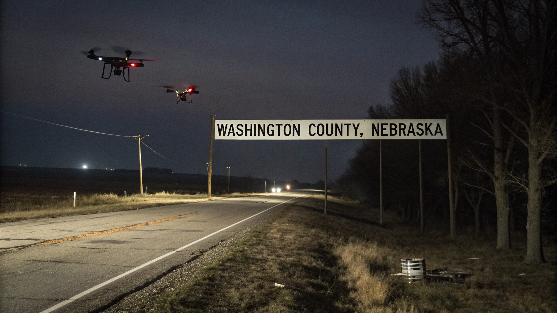 AI generated image by Red Panda AI: drones flying over a dark rural highway. A sign says "Washington County, Nebraska". The scene is dark, eerie and the drones are dystopian and scary