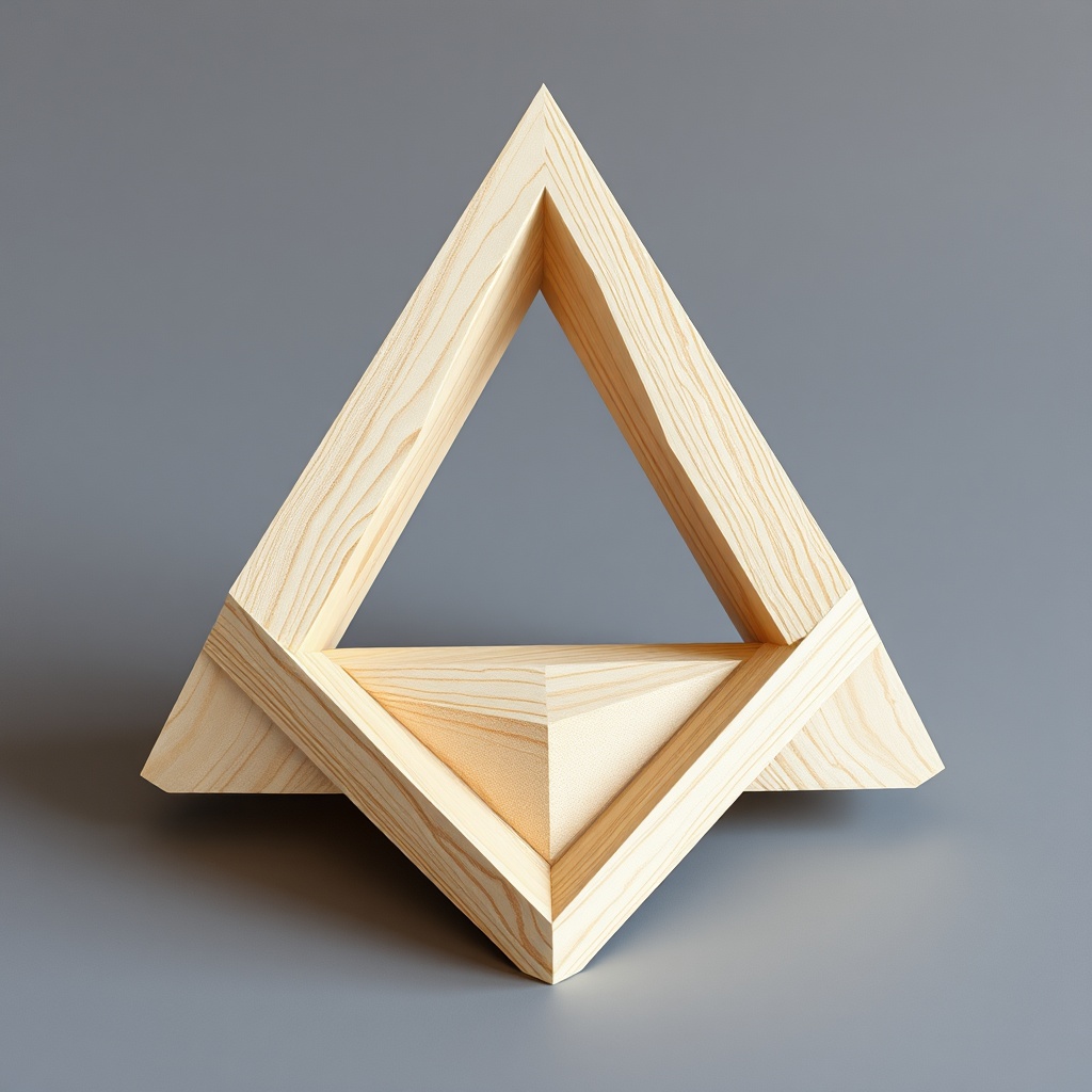 AI generated image by FLUX.1-schnell: triangulo en 3d con madera adentro
