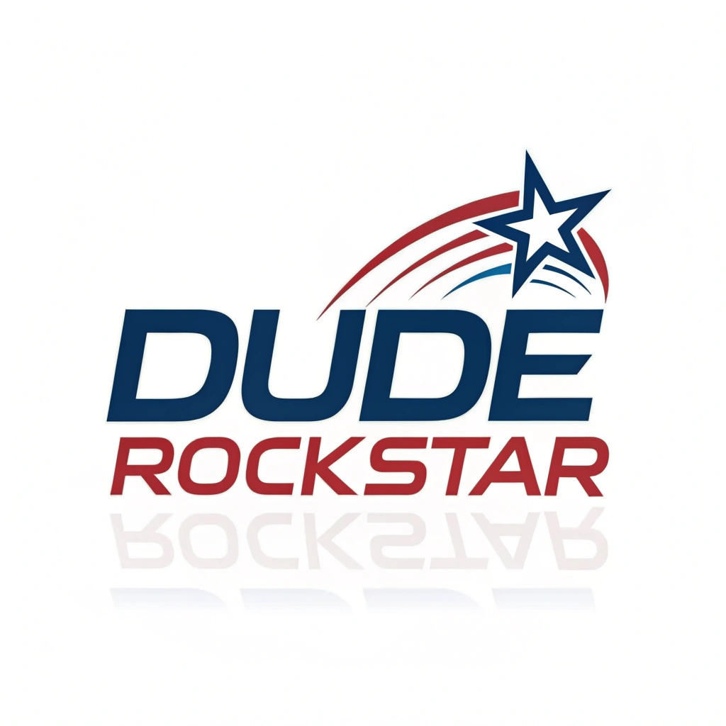 AI generated image by Red Panda AI: logo for a band called "Dude Rockstar", the words "Dude Rockstar" are clear and strong and bold, the logo must be futuristic, modern, high-energy, on white background