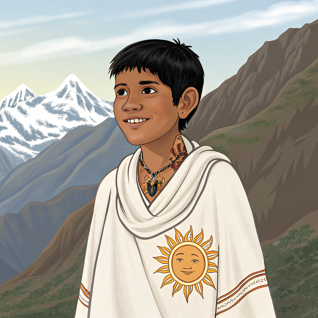 AI generated image by Red Panda AI: Adolescente de 12 años con vestimenta incaica de color blanco. cabello negro, sonrisa fresca, tez canela y un tatuaje en el pecho en forma de sol y luna. Fondo montañas y alpes 