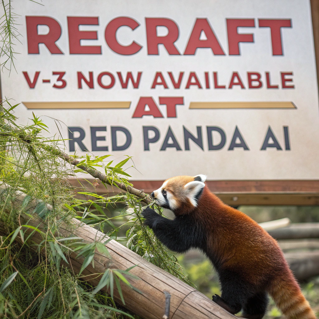 AI generated image by Red Panda AI: a red panda eating a bamboo in front of a poster that says "recraft V3 now available at red panda ai