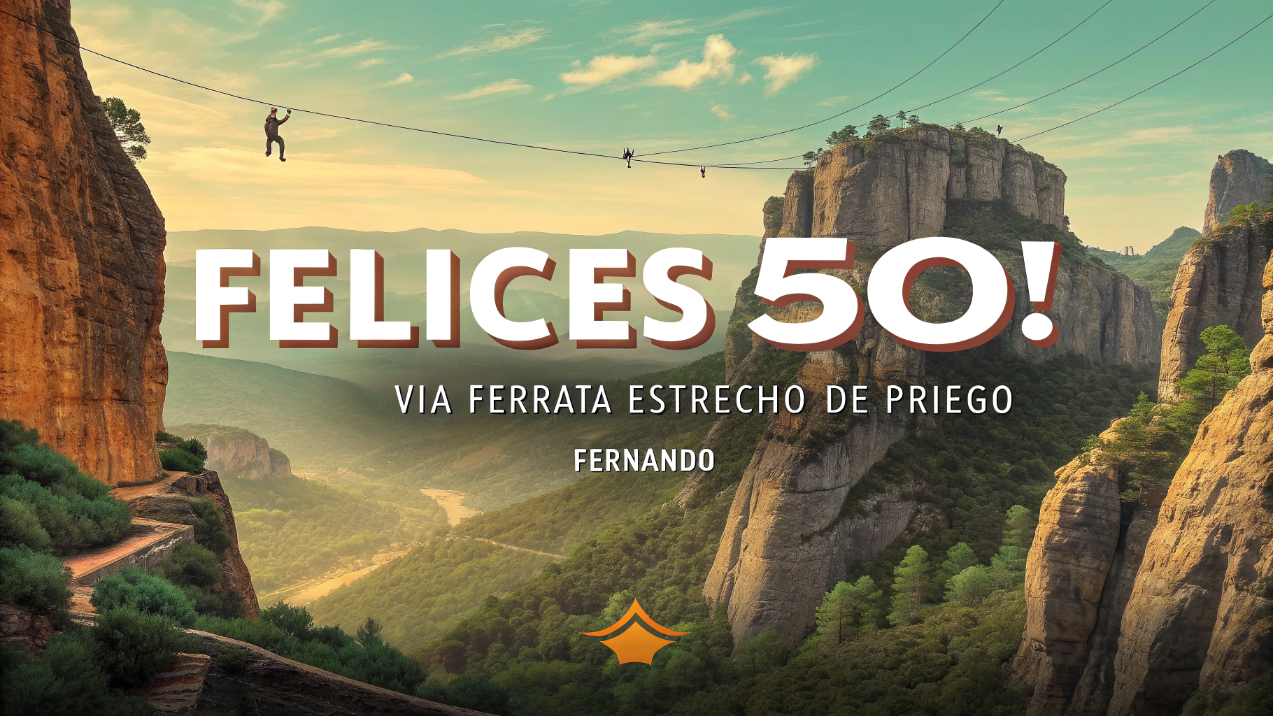 AI generated image by Red Panda AI: Create a landscape-oriented image with the following exact texts:

"Felices 50!" (this should be the largest text).
"Via ferrata Estrecho de Priego".
"Fernando".
The background should display the cliffs and rock formations of the Estrecho de Priego. Include characteristic via ferrata elements such as hanging bridges and safety cables. Use vibrant, realistic tones to evoke excitement, adventure, and a sense of celebration, while ensuring the layout feels dynamic and inviting.