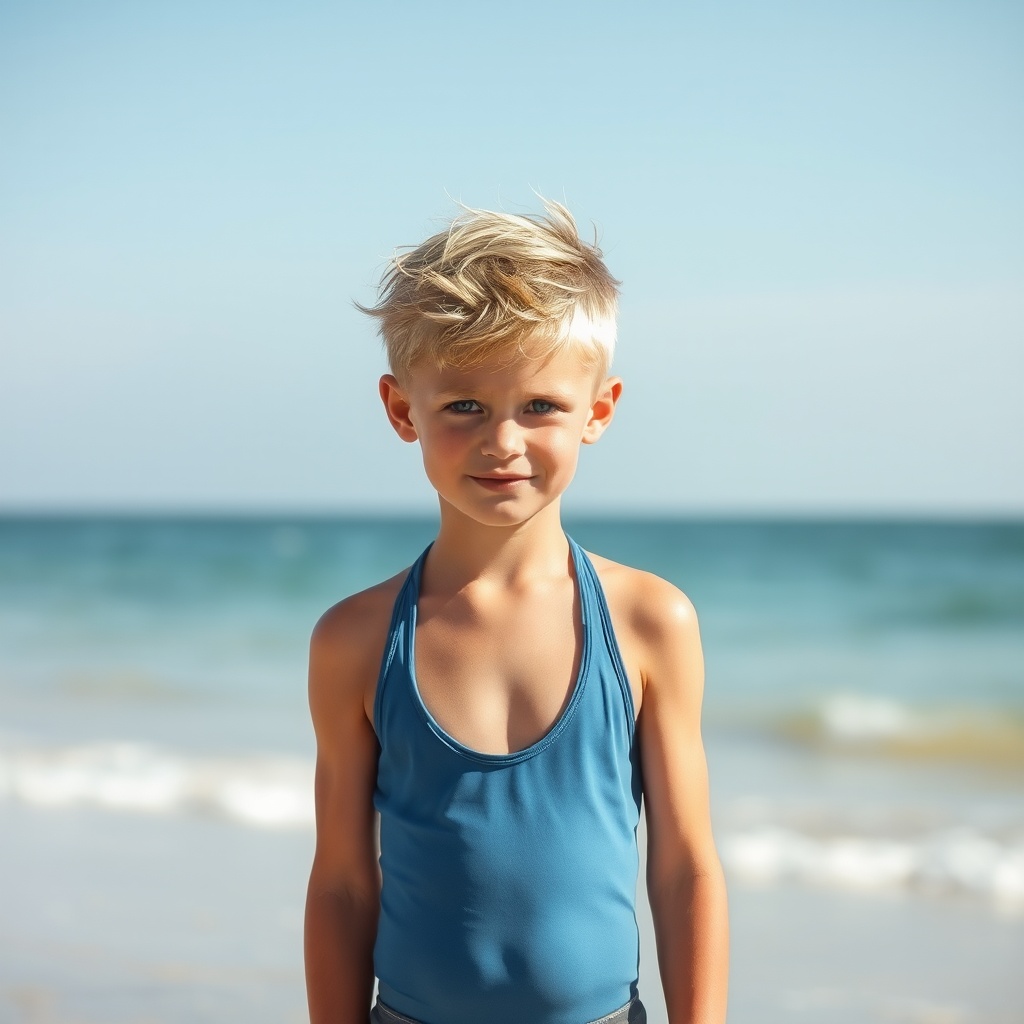 AI generated image by FLUX.1-schnell: garçon de huit ans blond aux yeux bleu en maillot de bain sur la plage