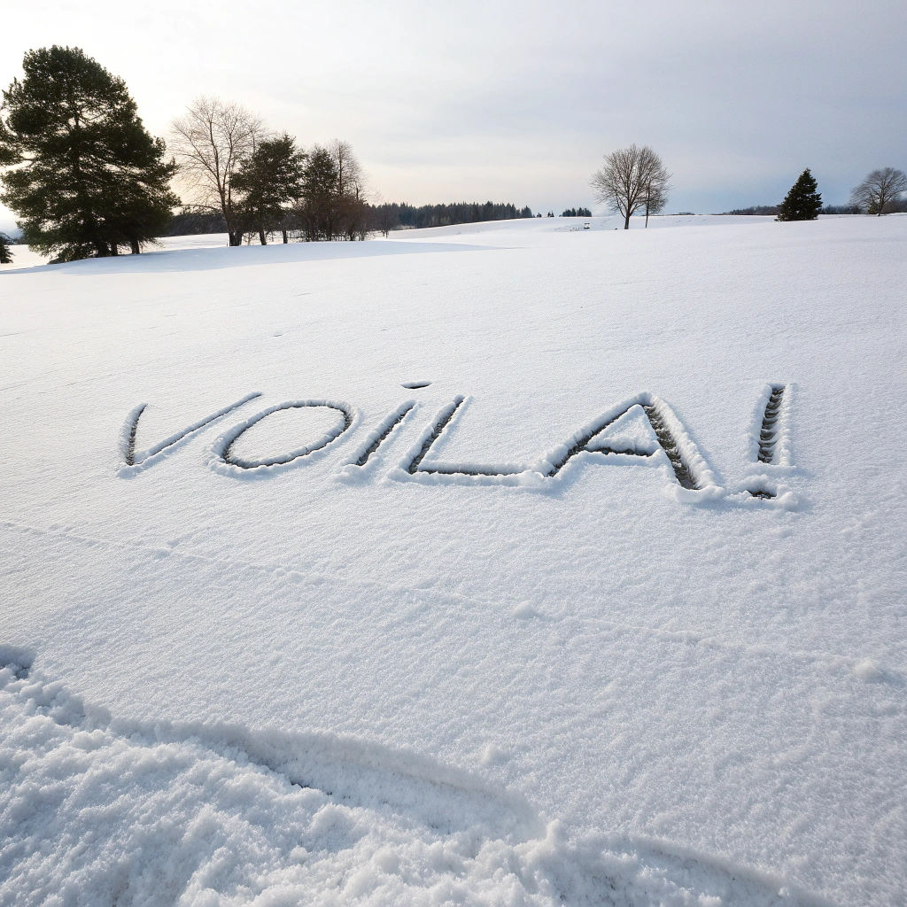AI generated image by Recraft V3: Le mot VOILÀ! écrit sous forme de traces dans la neige