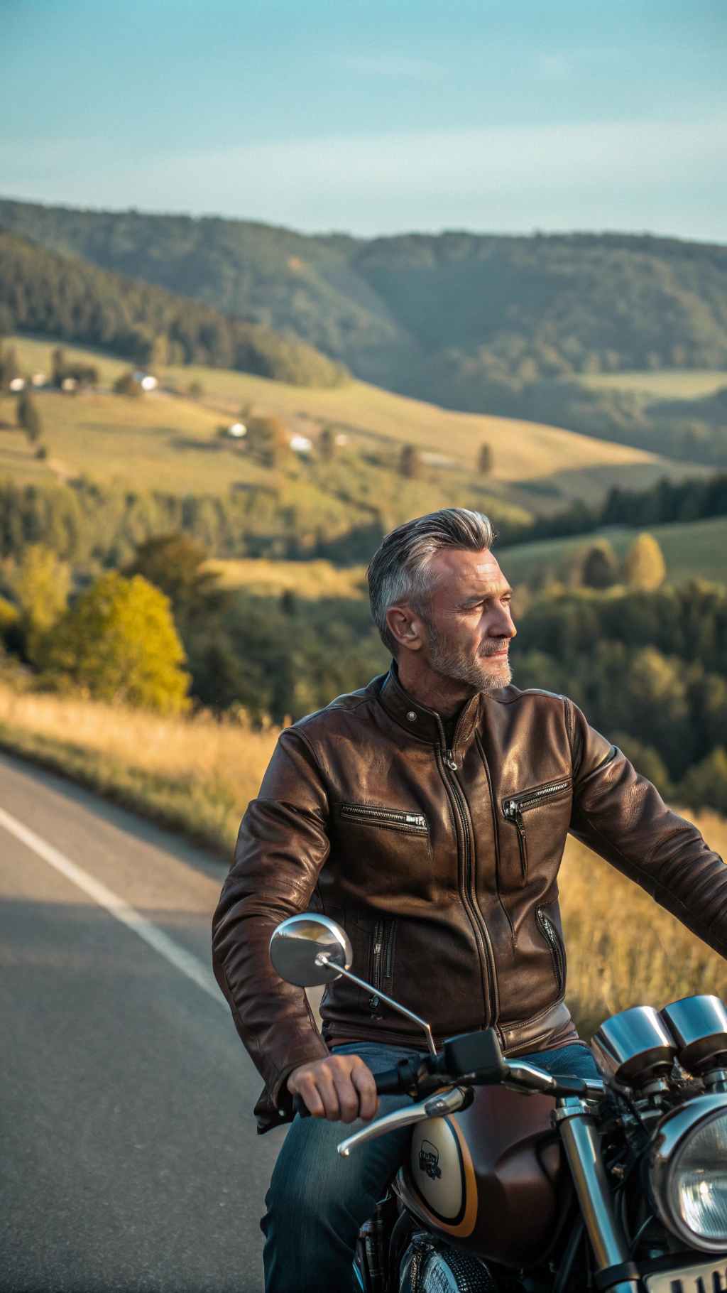 AI generated image by Red Panda AI: Handsome 40 years old motor biker brown leather jacket on a motor bike cool view 8k hyper realistic