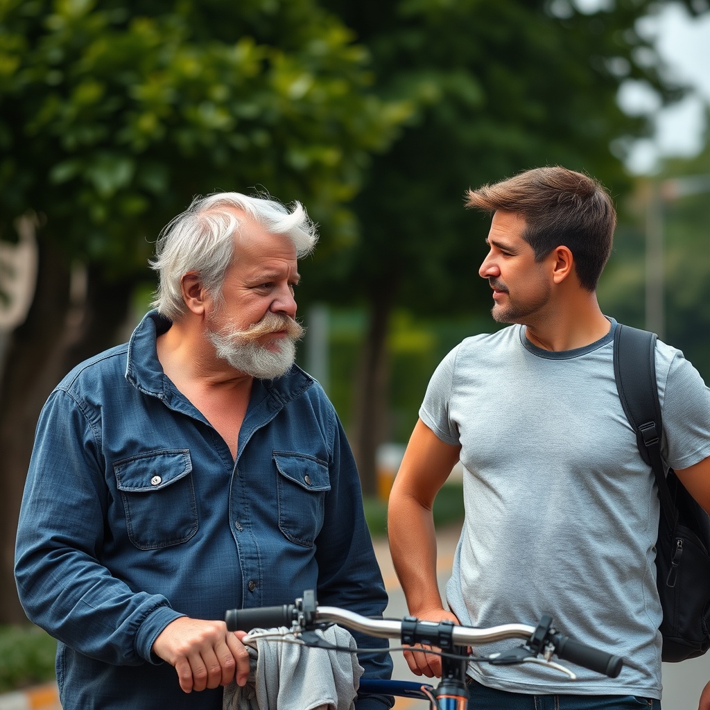 AI generated image by FLUX.1-schnell: una persona de 55 años mendigo  con barba grande y pelo blanco en una mano un costal con ropa  y en la otra mano una bicicleta conversando con una persona masculina de 30 años de edad