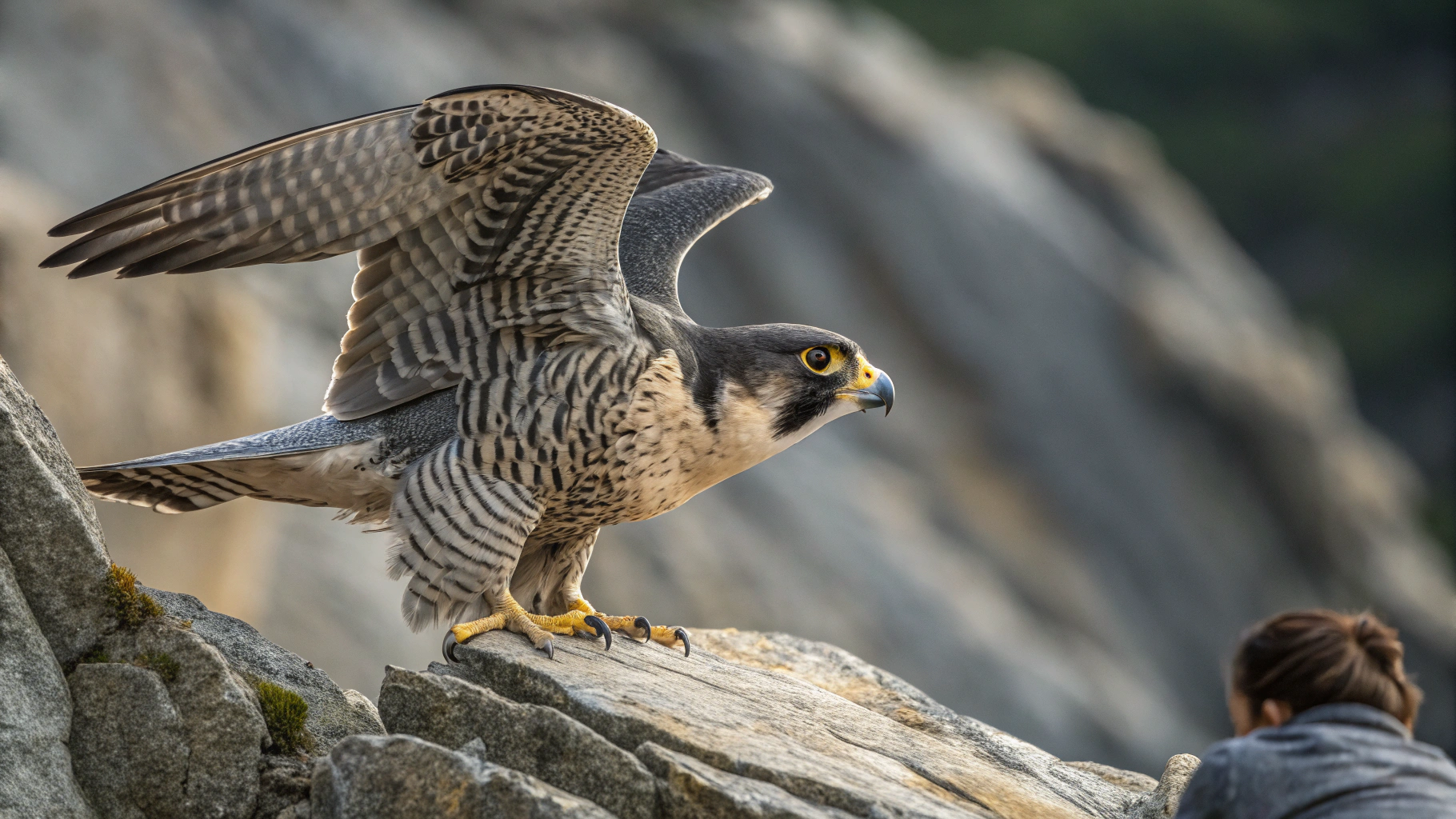 AI generated image by Red Panda AI: A close-up of a peregrine falcon perched on a rocky outcrop, body tensed, wings slightly tucked, eyes intensely focused on unseen prey below. The falcon is captured in that perfect moment of stillness before its 200+ mph dive – nature's ultimate example of compressed energy before explosive action.