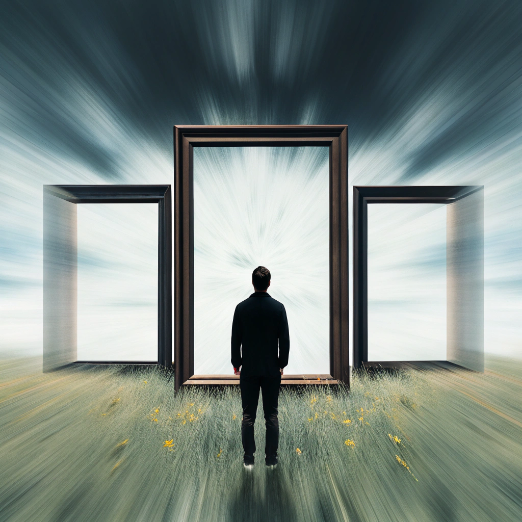 AI generated image by Red Panda AI: An Abstract Oil Panting, Agressive brush strokes: A human dark silouette standing backwards in the middle, 3 Symetrical mirrors with rectangular victorian frames floating in the air, proyecting a beam of calid light to the subject, in the back plane a giant Vortex of dark clouds forming a black void in it's center, the ground is covered with tall yellow grass 