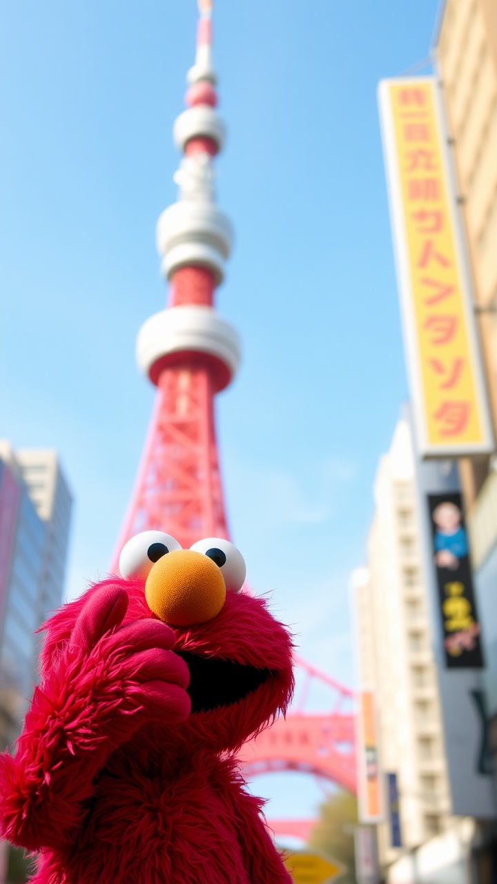 AI generated image by FLUX.1-schnell: portrait of Elmo from Sesame Street, Pose with the Tokyo Tower in the background