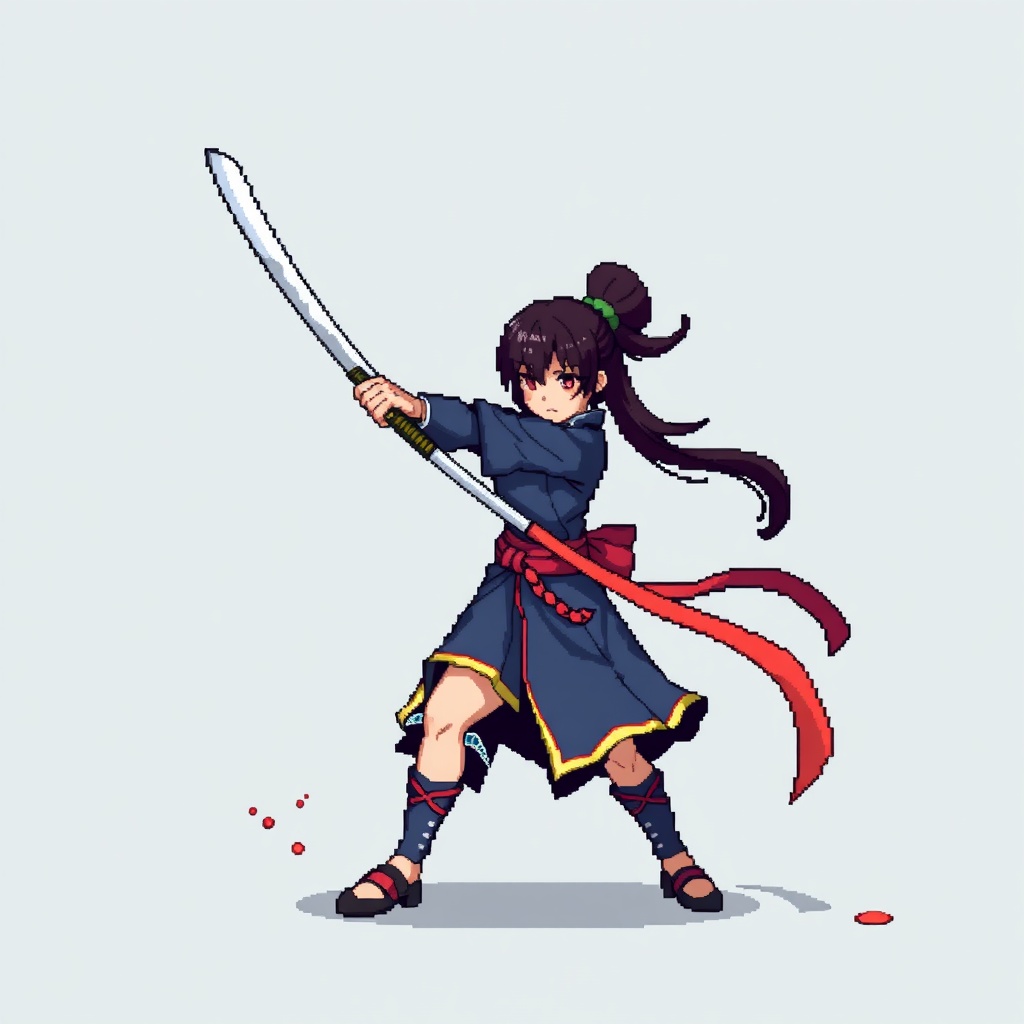AI generated image by FLUX.1-schnell: pixelart sprite sequence of a girl flourishing a katana
