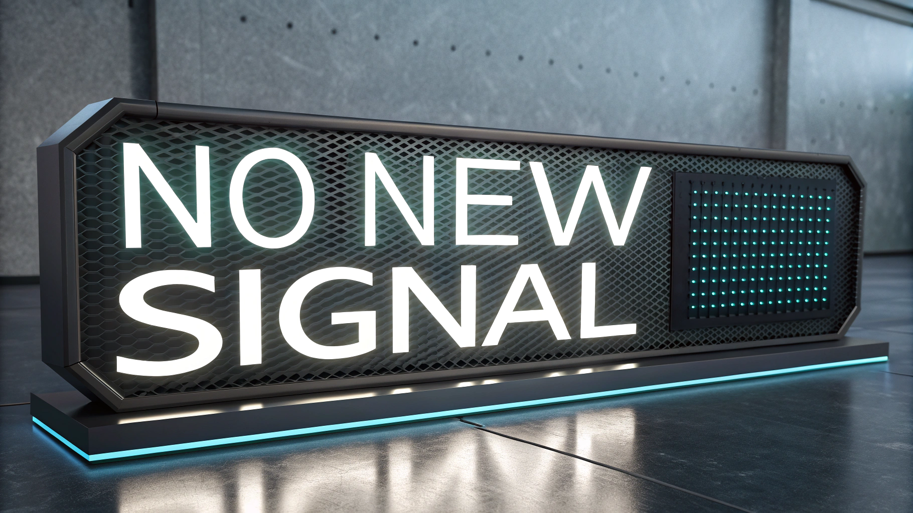 AI generated image by Red Panda AI: "No New Signal" is on a sign, the sign is clear, the words "No New Signal" are strong, bold, big, futuristic, clean, professional, beautiful