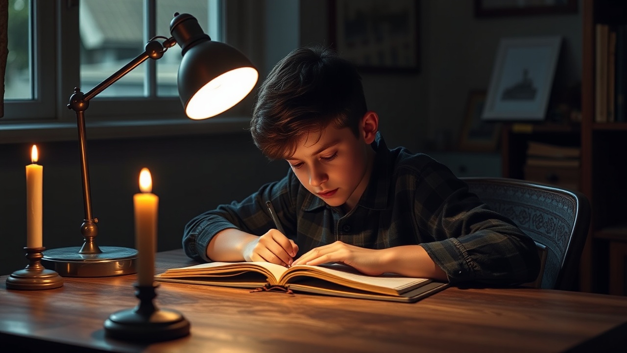 AI generated image by FLUX.1-schnell: Boy studying on a study desk with a lamp on the table from the side, but with dead candles on the foreground