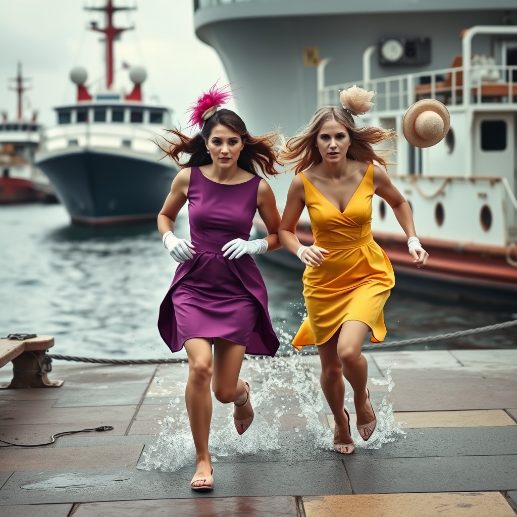 AI generated image by FLUX.1-schnell: Two posh female wedding guests are running sad and scared in a dangerous port wearing coloured posh mini dresses and silky gloves. Descending to the ground, two posh hats are blowing off their heads behind in the background.
