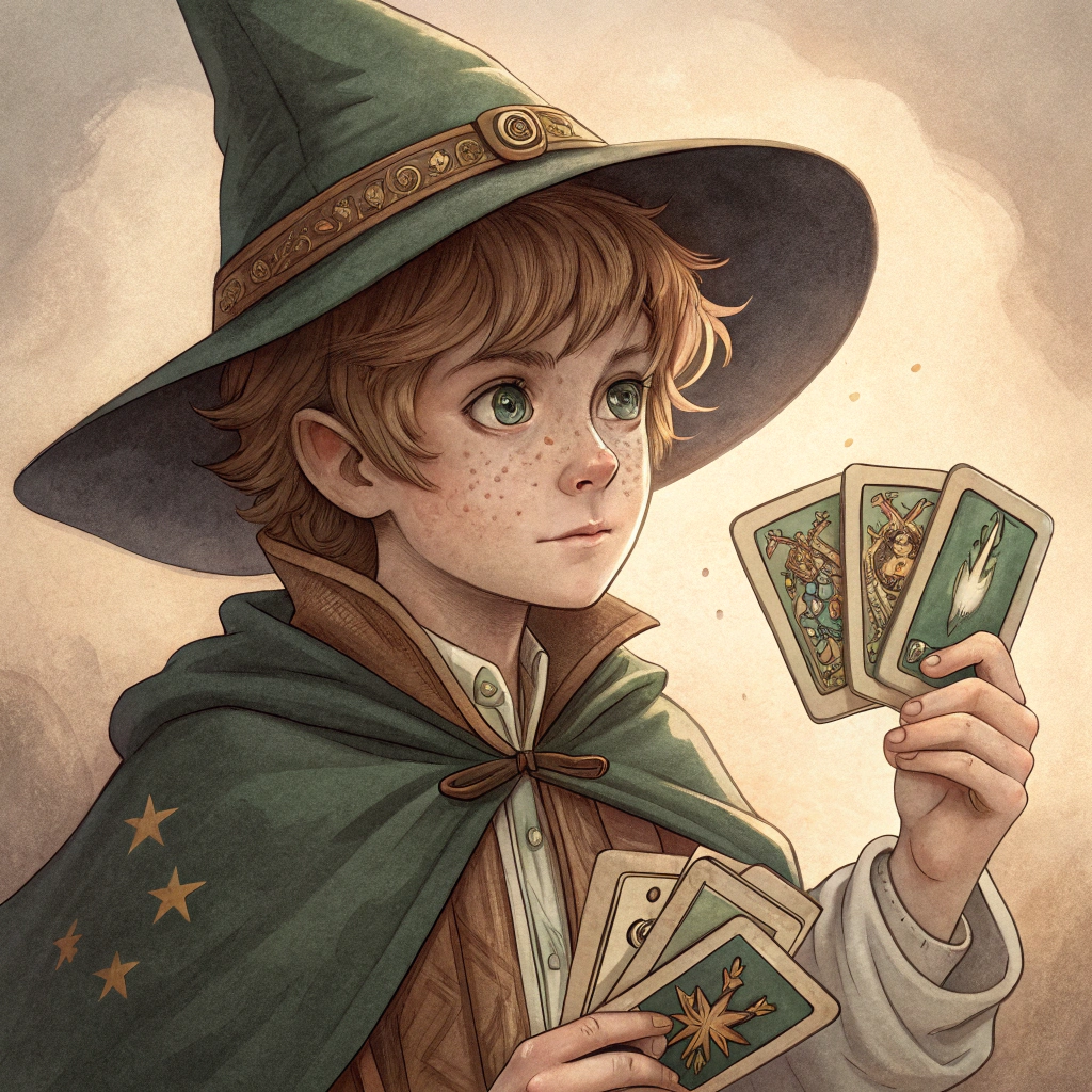 AI generated image by Red Panda AI: un chico de tez blanca con pelo marrón claro, ojos verdes y con una ilusión de 4 brazos que sostienen cartas de tarot, el chico tiene ropa tradicional de brujo  