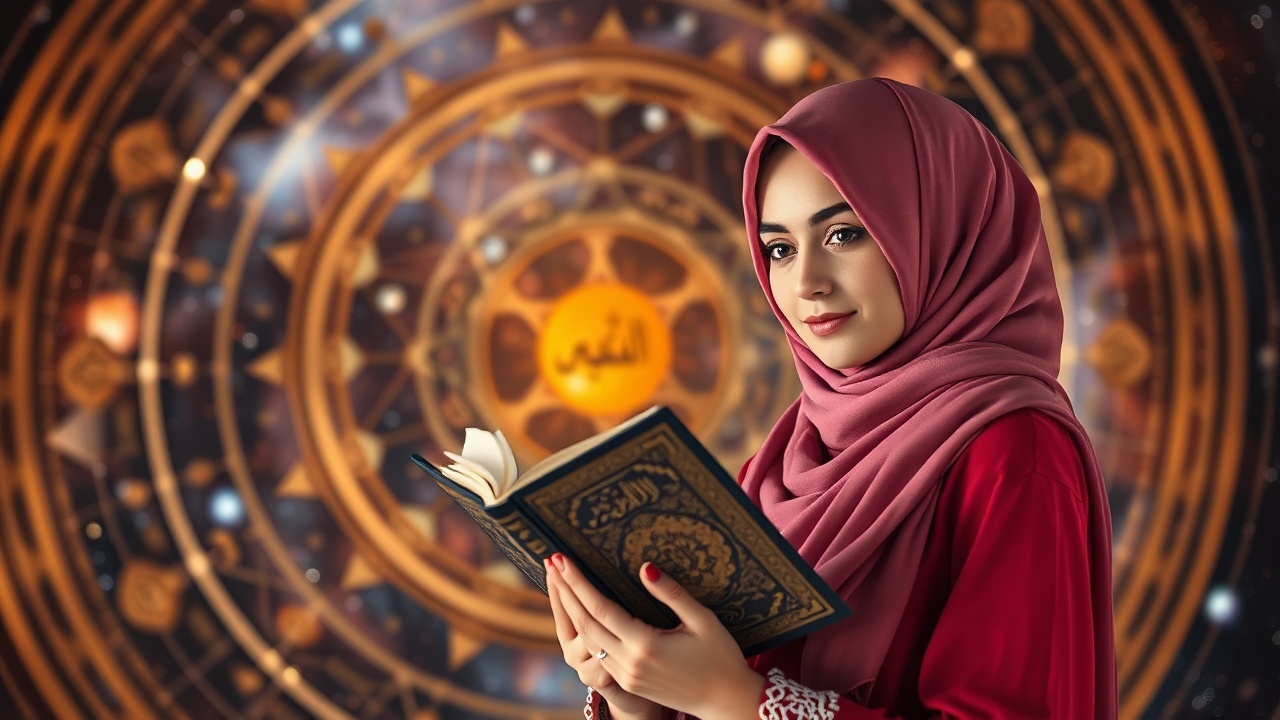 AI generated image by FLUX.1-schnell: a beautiful woman wearing a hijab holding the Koran against the background of the Islamic version of the solar system