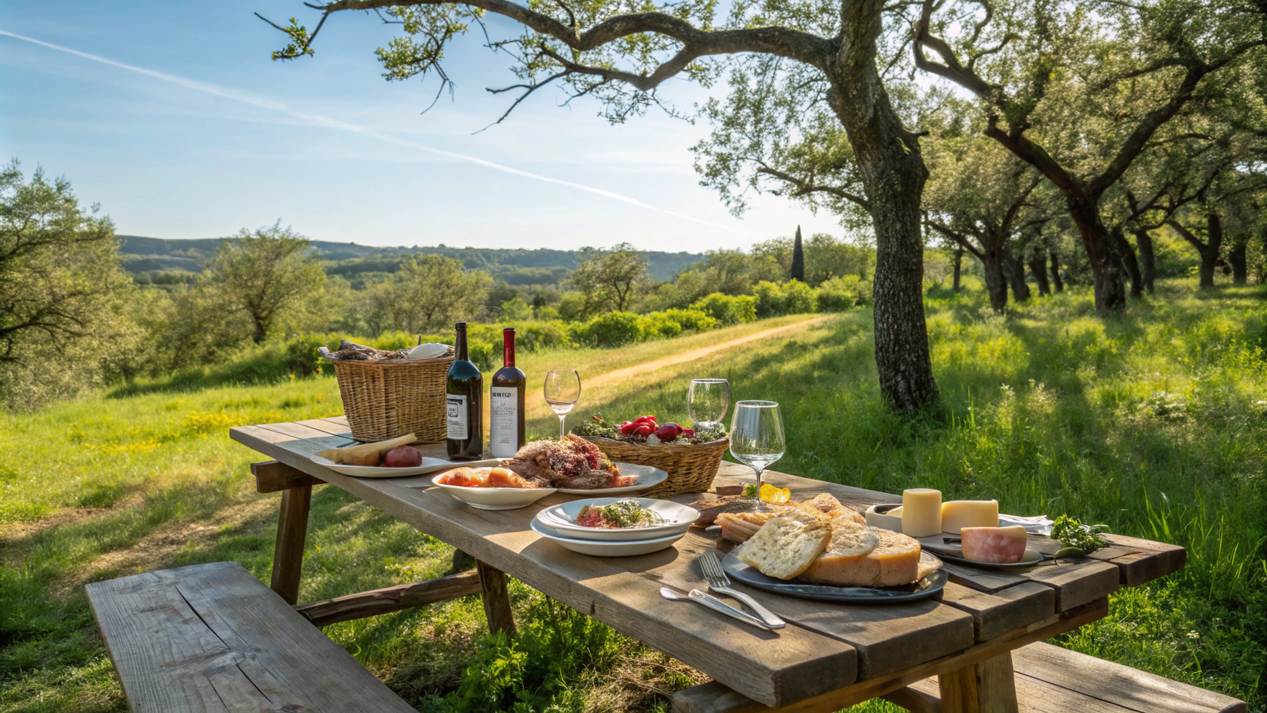AI generated image by FLUX.1-schnell: crée moi une image d'une table de déjeuner champêtre au milieu de la nature, avec des arbres et du gazon dans le décors.
La table est couverte de couverts et de plats avec de la charcuterie, du fromage, du vin.
Aucun humain ne doit être présent sur l'image.
La météo est ensoleillée et radieuse.
Enlève les animaux.
Mets plus de charcuterie, de fromage et de vin.