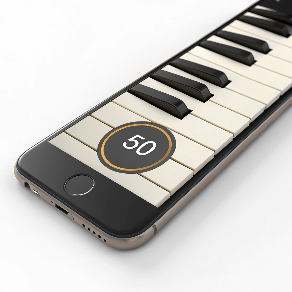 AI generated image by Red Panda AI: draw me a piano 1 octave in iphone 3D . dislpây circle inside mi key with -50 insid the circle