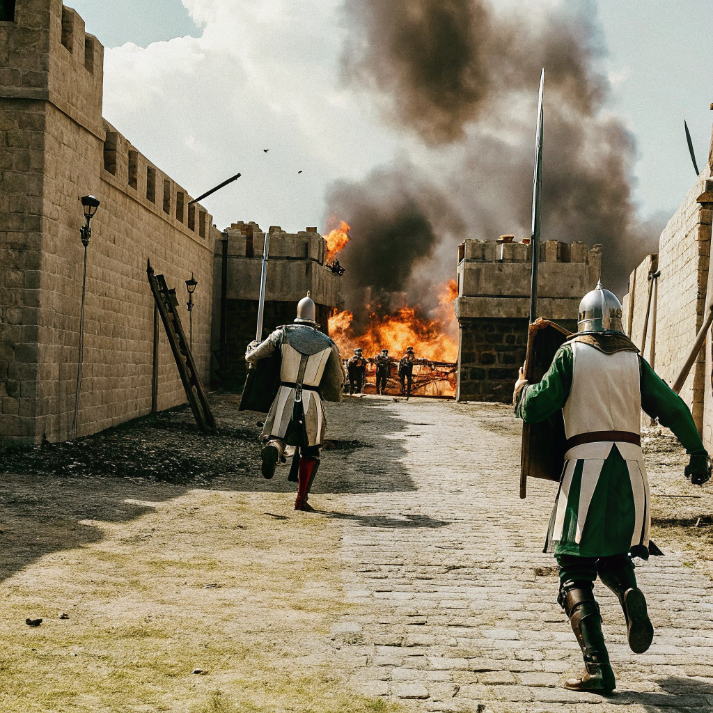 AI generated image by Red Panda AI: Create for me a scene of a crusader attack on a medieval walled European city. The scene shows armed knights attacking, destruction, fires...let the scene be exciting and tense.