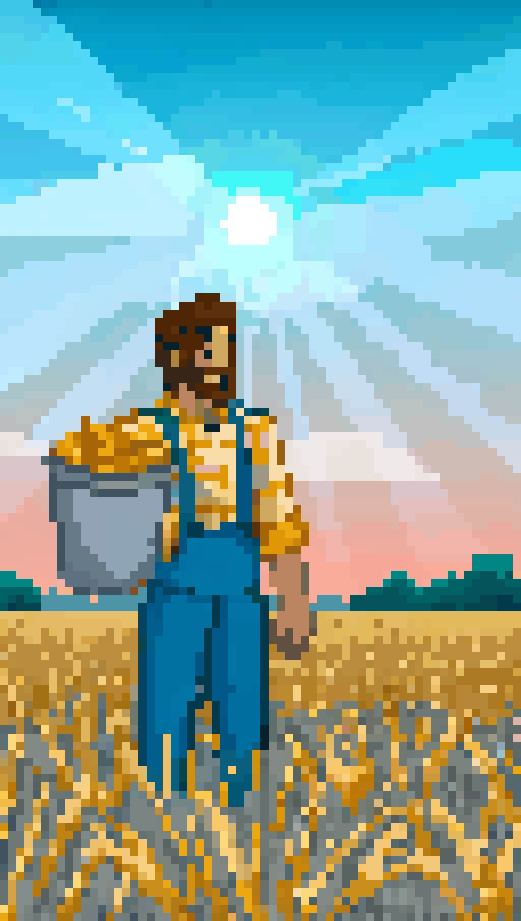 AI generated image by Red Panda AI:  A cheerful farmer with a muscular build, brown military-style hair, and a lumberjack beard stands in a vast golden cornfield at sunrise. He wears a yellow plaid shirt and blue denim pants, holding a bag of gold coins with a proud expression. The field stretches to the horizon, glowing under the early morning sun.