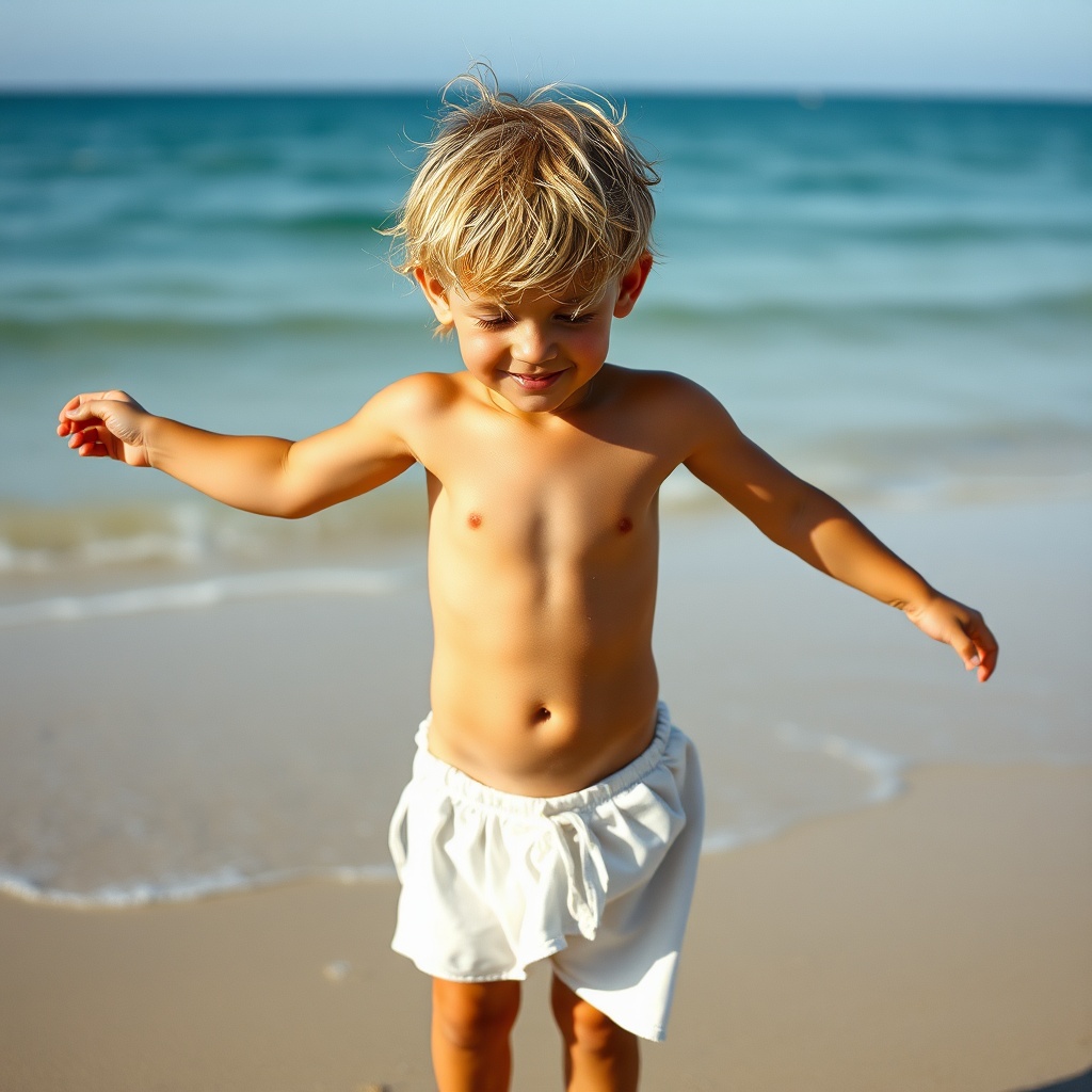 AI generated image by FLUX.1-schnell: garçon de six ans blond en string de bain sur la plage