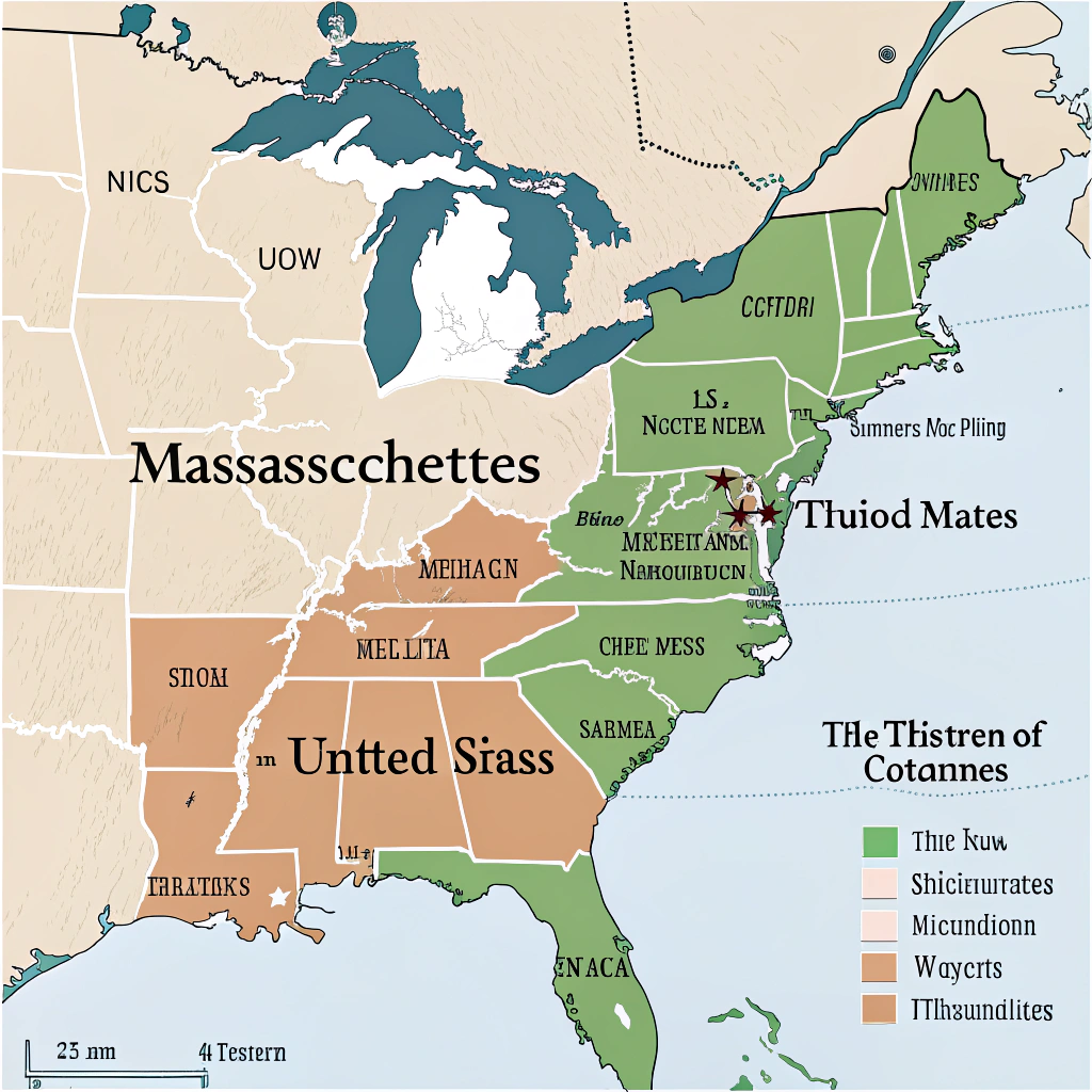 AI generated image by Red Panda AI: Señala únicamente  a Massachusetts de la época de las trece colonias en un mapa de estados unidos
