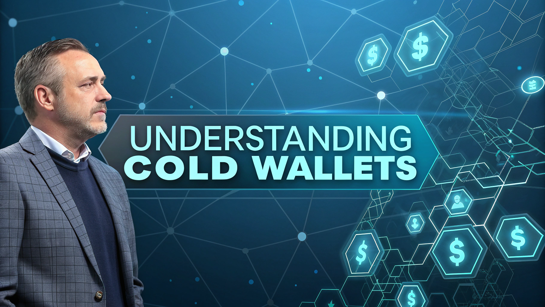 AI generated image by Red Panda AI: Futuristic banner for a blogpost, with advance metal colors and background of blockchain elements, in a tech article style. Median size title “Understanding Cold Wallets".