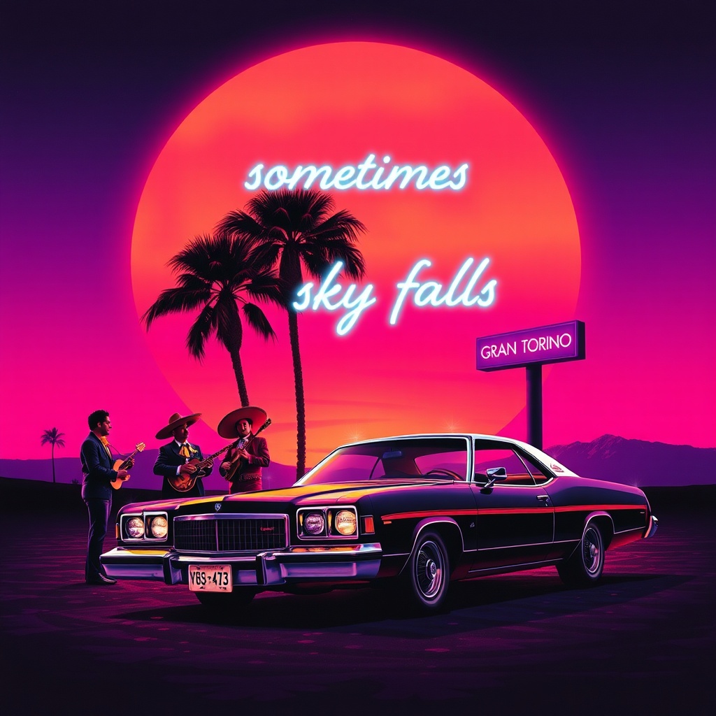 AI generated image by FLUX.1-schnell:  Funk Latin music album cover, purple huge sunset with mariachi band around a '70s Gran Torino car with palm trees and a neon sign with the words " sometimes the sky falls" 