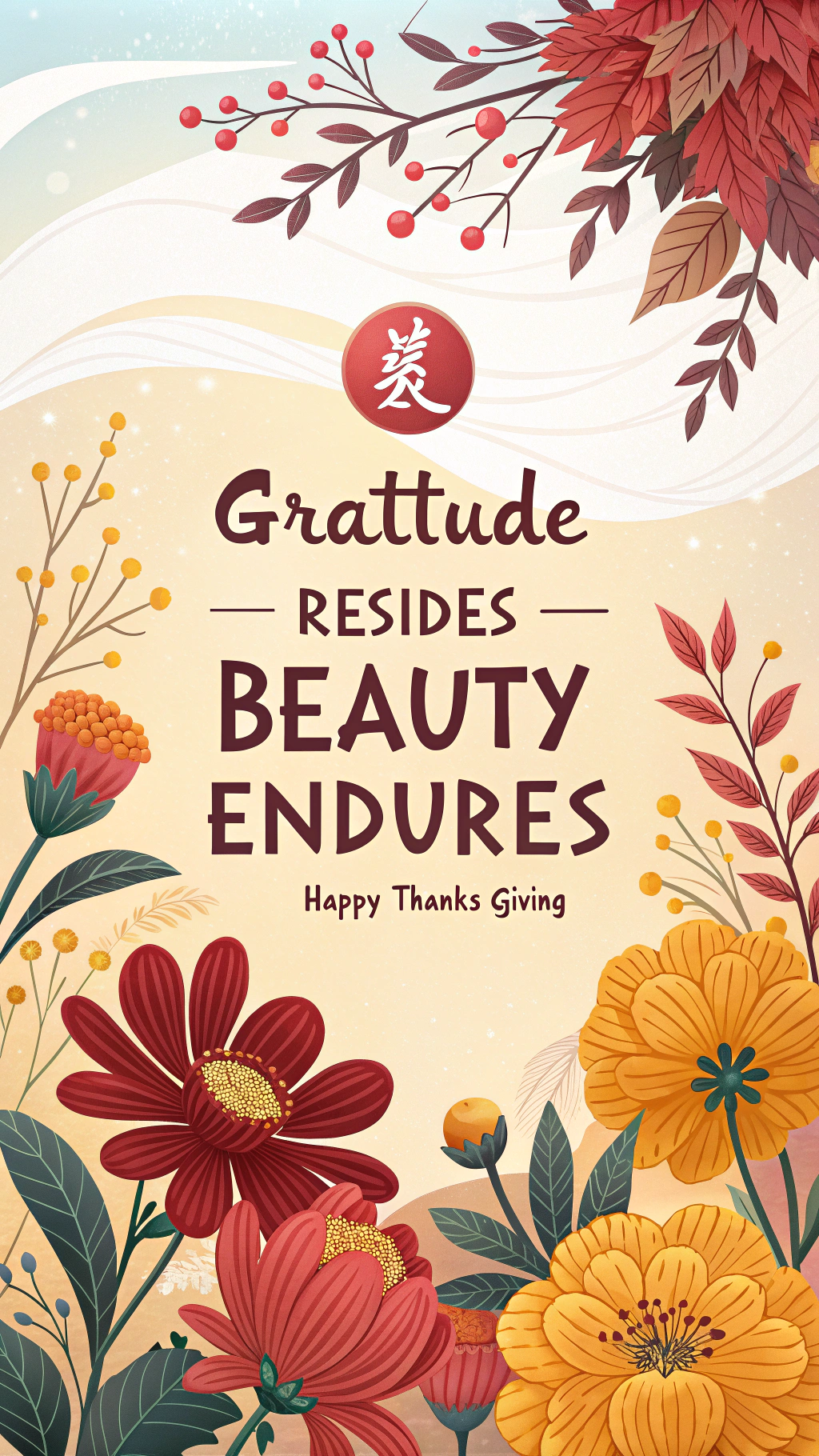 AI generated image by Red Panda AI: Design a thanks-giving poster, with rich colors of flowers, showing off autumn feeling with warmth and joyous. in the middle of the poster, with the Chinese text: "感恩当下 美好常在 Happy Thanks Giving"