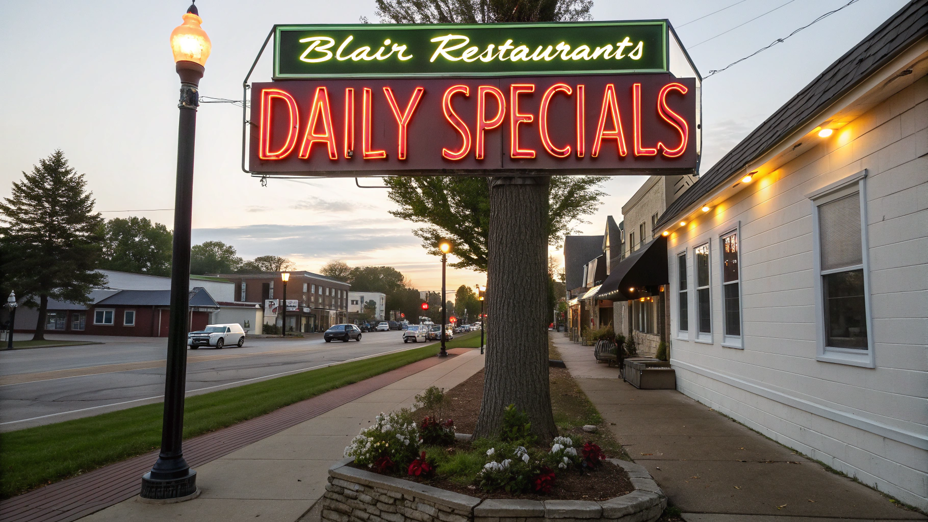 AI generated image by Red Panda AI: menu-inspired neon sign reads "Blair Restaurants Daily Specials", burger and fries.  Soda and salad.  Small town blair, nebraska 
