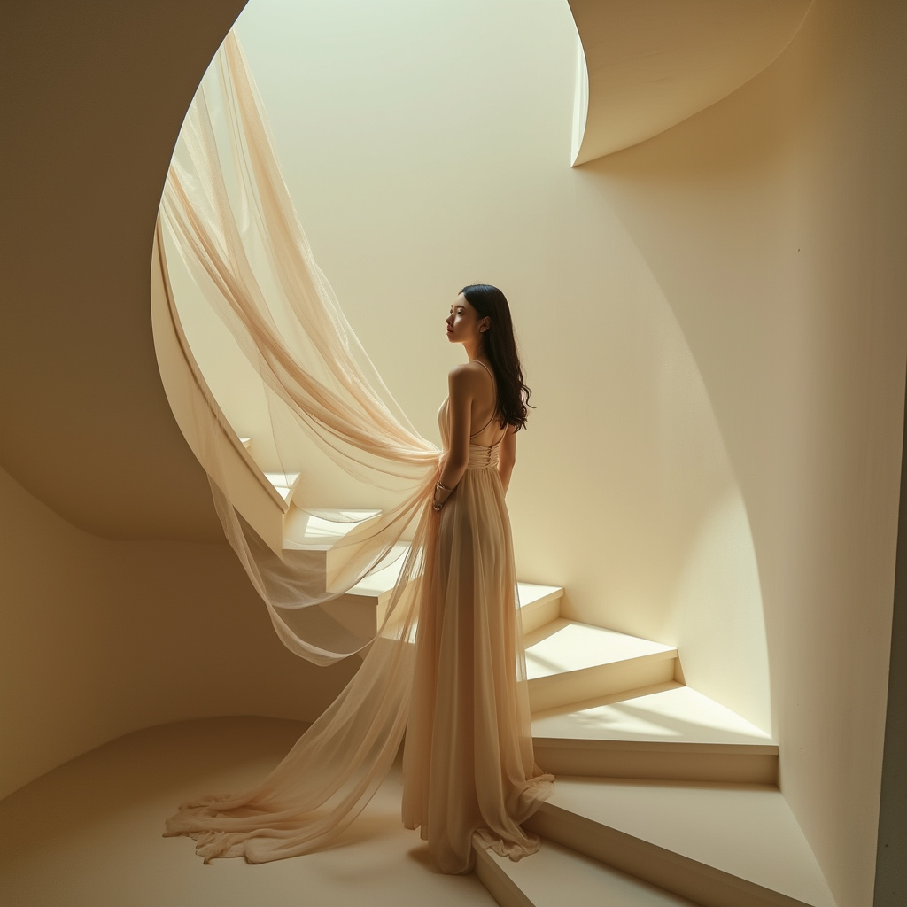 AI generated image by FLUX.1-pro: a minimalistic realistic photo of a beautiful woman, stands in the middle of a twisting staircases, flowing airy transparent fabric to the left of the stairs , cinematic, daylight, beige colours