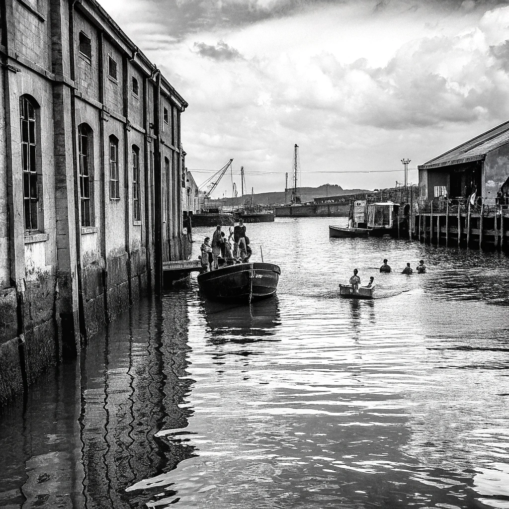 AI generated image by Red Panda AI: The Martian war 1899. A crowded harbor on the Blackwater River. Full of Victorian refugees sadly watches the last steamer leave port and make for the ocean, the mouth of the river and distant green ocean lies beyond. Some people swim to shore after falling off the dropped gangplank. Sky down View, we see the harbor and, in the distance the English steamer.