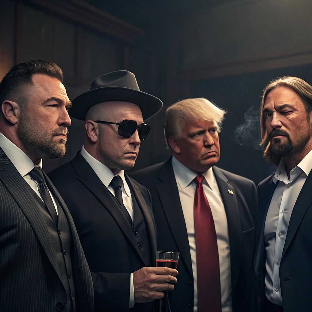 AI generated image by Red Panda AI: Elon Musk, Donald Trump, Dana White, Joe Rogan as mob bosses