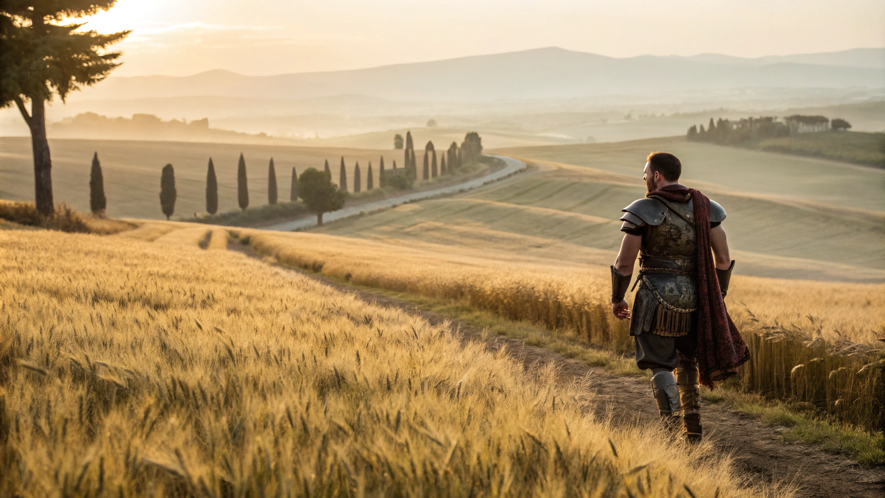 AI generated image by Red Panda AI: Cinematic portrait scene of a Roman general (inspired by Maximus Decimus Meridius, portrayed by Russell Crowe from Gladiator) walking slowly through a vast, golden field of tall wheat. His worn, battle-scarred armor reflects subtle highlights from the soft, ethereal glow of the setting sun, casting long, dramatic shadows over the rolling hills in the distance. A winding path meanders gently ahead, leading to a line of cypress trees and an old road that fades into the horizon. The atmosphere evokes deep nostalgia and melancholy, suggesting the character is revisiting a place steeped in memories. The figure is depicted from behind, emphasizing his contemplative stance as he reaches out with one hand to touch the wheat. Ensure the scene is in a 16:9 aspect ratio, 4K resolution, with realistic detail and a cinematic touch.
