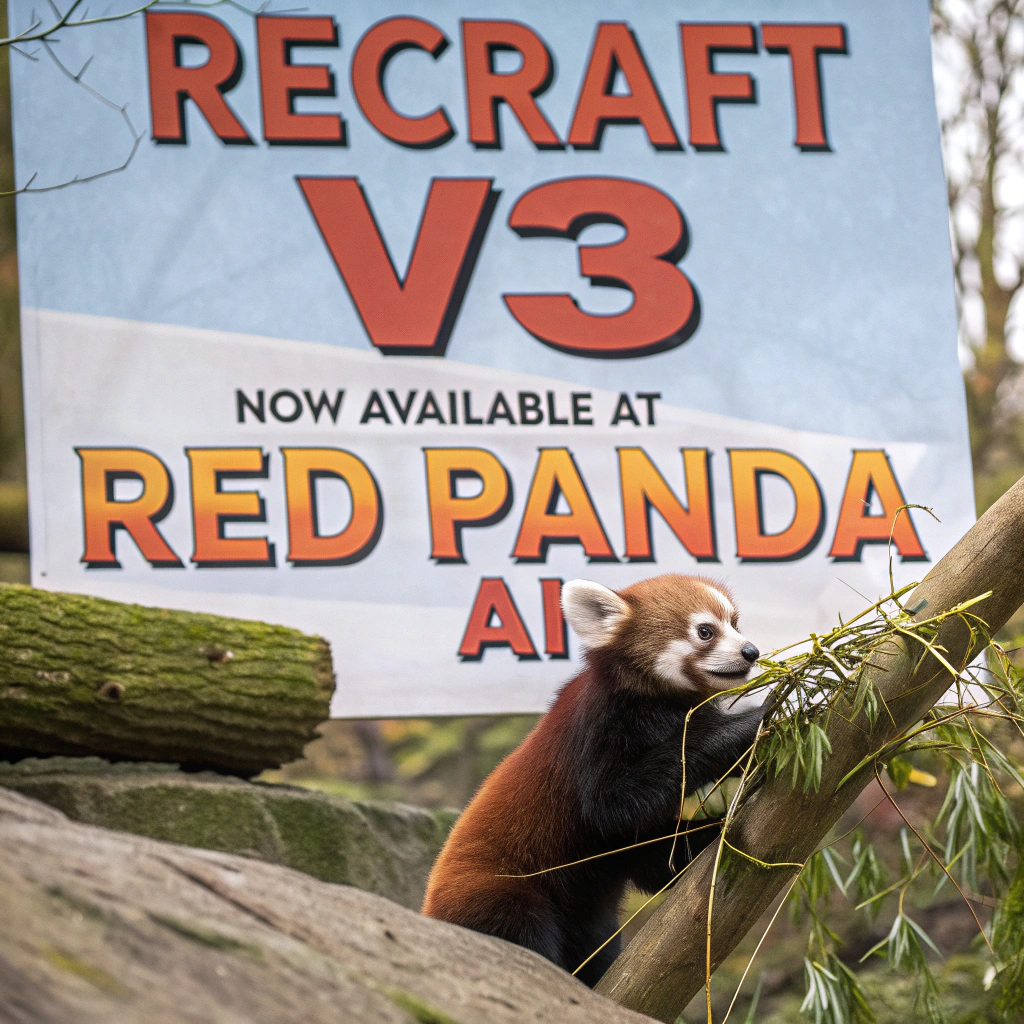 AI generated image by Red Panda AI: a red panda eating a bamboo in front of a poster that says "recraft V3 now available at red panda ai
