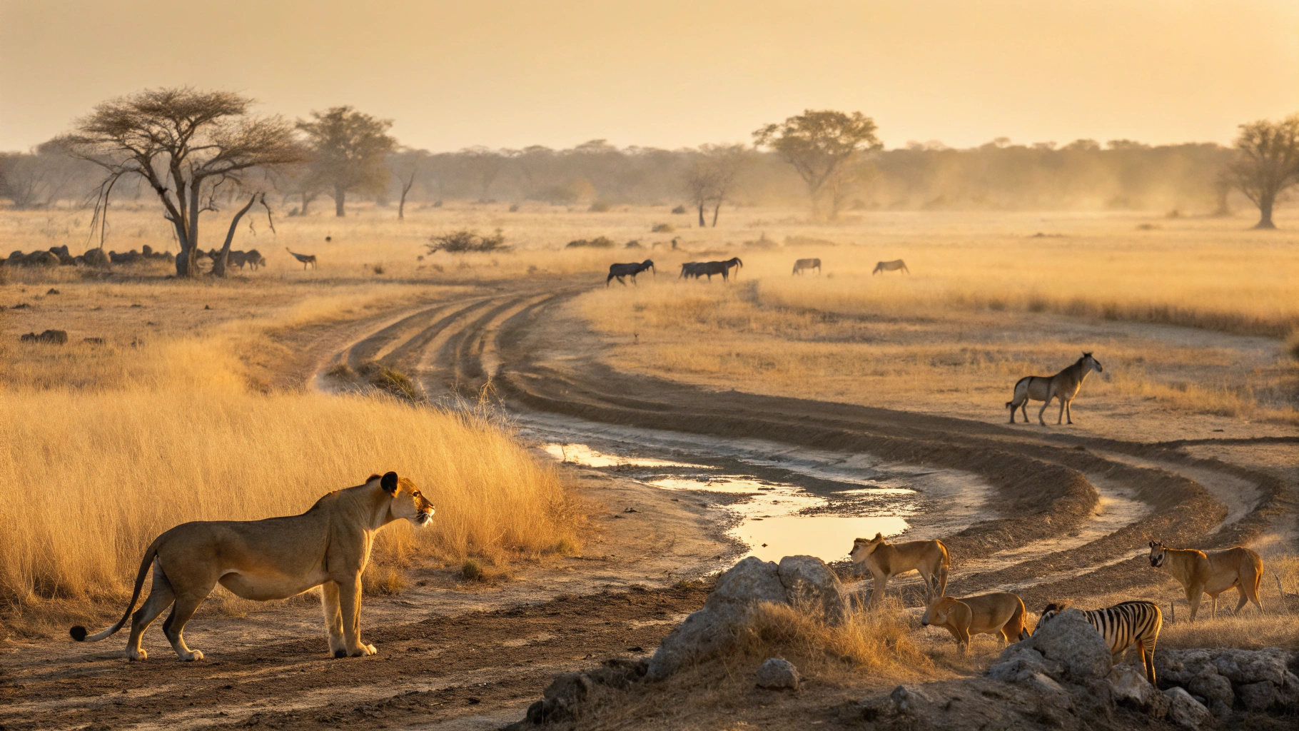 AI generated image by Red Panda AI: A dramatic savanna landscape during dry season, centered around a shrinking watering hole. Various animal groups are strategically positioned - alert lions watching from rocky outcrops, zebras and gazelles cautiously approaching from tall grasses. Circling vultures overhead, casting subtle shadows. Golden early morning light creates dramatic atmosphere. Animal tracks visible in dirt showing various approach patterns. Tension and patience captured in the animals' postures, some frozen in observation, others mid-decision. Natural color palette of amber, gold, and earth tones. Hyper-detailed, wildlife photography style, dramatic lighting.