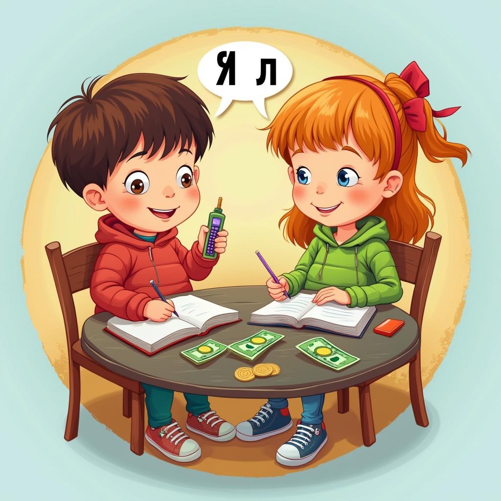 AI generated image by FLUX.1-pro: A circular illustration with two children (мальчик и девочка) sitting at a table. They are learning about "финансовая грамотность". The мальчик is using a калькулятор, and the девочка is writing in a notebook. There are деньги (купюры и монеты) on the table — make sure they look like Russian rubles, not dollars. The style is colorful, educational, and cartoon-like. The phrase "ФИНАНСОВАЯ ГРАМОТНОСТЬ" is written in large bold Russian text at the top of the circle.