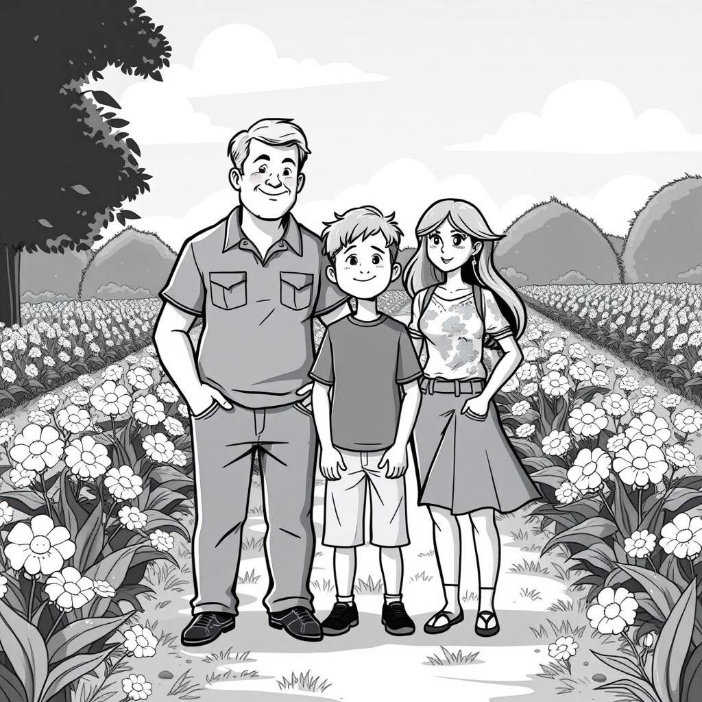 AI generated image by FLUX.1-schnell: cartoon in black and white. 40 year old man, 40 year old woman, teenage boy, and a 8 year old girl, standing in the middle of a flower farm. 