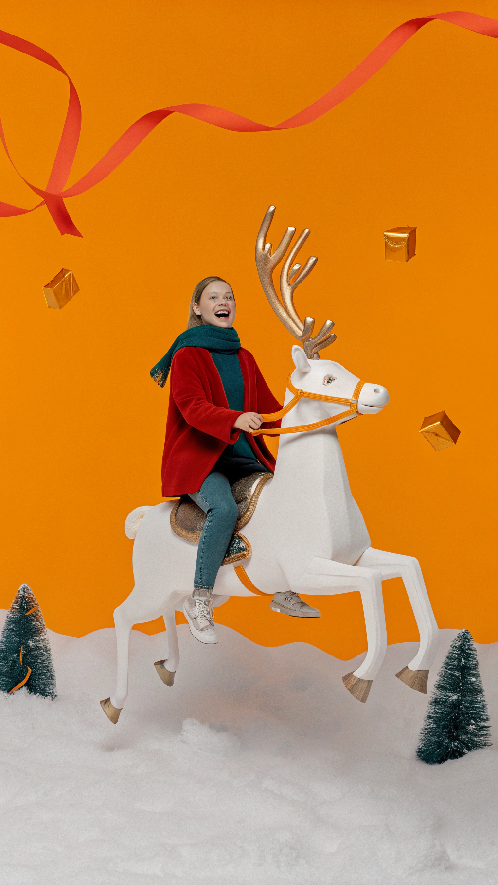 AI generated image by Red Panda AI: A young woman in a red scarf and red jacket, smiling, riding a white mechanical reindeer with gold accents.  The reindeer has large antlers and mechanical legs and arms.  The scene is snowy, with red ribbons flying in the air, and small golden gifts floating around.  The background is a winter landscape with some low shrubs.  Impressionistic, hyperrealistic lighting and bokeh.  The colors are a mix of bright reds, whites, silvers, golds, and hints of blues in the sky.  The mechanical reindeer is detailed, with visible mechanisms and gold accents.  The overall style is festive, joyful, and fantastical, similar to Christmas or holiday themed imagery.  Focus on the interaction between the person and the machine, as well as the festive setting.
