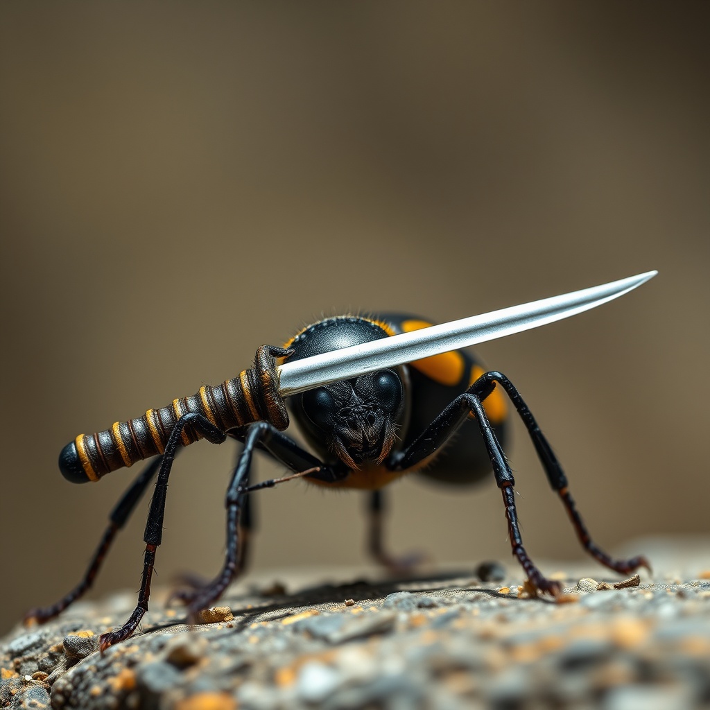 AI generated image by FLUX.1-schnell: Una hormiga asesina enfadada con dos katanas