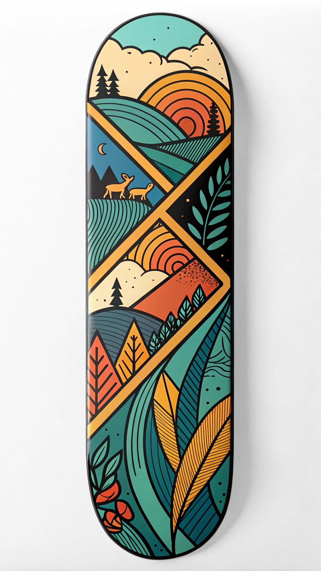 AI generated image by Red Panda AI: Create a bold, geometric skateboard deck design in the style of Don Pendleton. Feature abstract, overlapping shapes and flowing lines, inspired by organic elements like animals, plants, or surreal landscapes. Use a limited but vibrant color palette—blues, greens, oranges, and yellows—with thick black outlines to create a sense of depth and movement. Focus on clean, angular forms that blend together harmoniously, with the design occupying the full surface of the deck. Avoid realistic details; instead, emphasize abstract, almost tribal shapes with a hint of surrealism to capture Pendleton's signature aesthetic of balanced chaos.