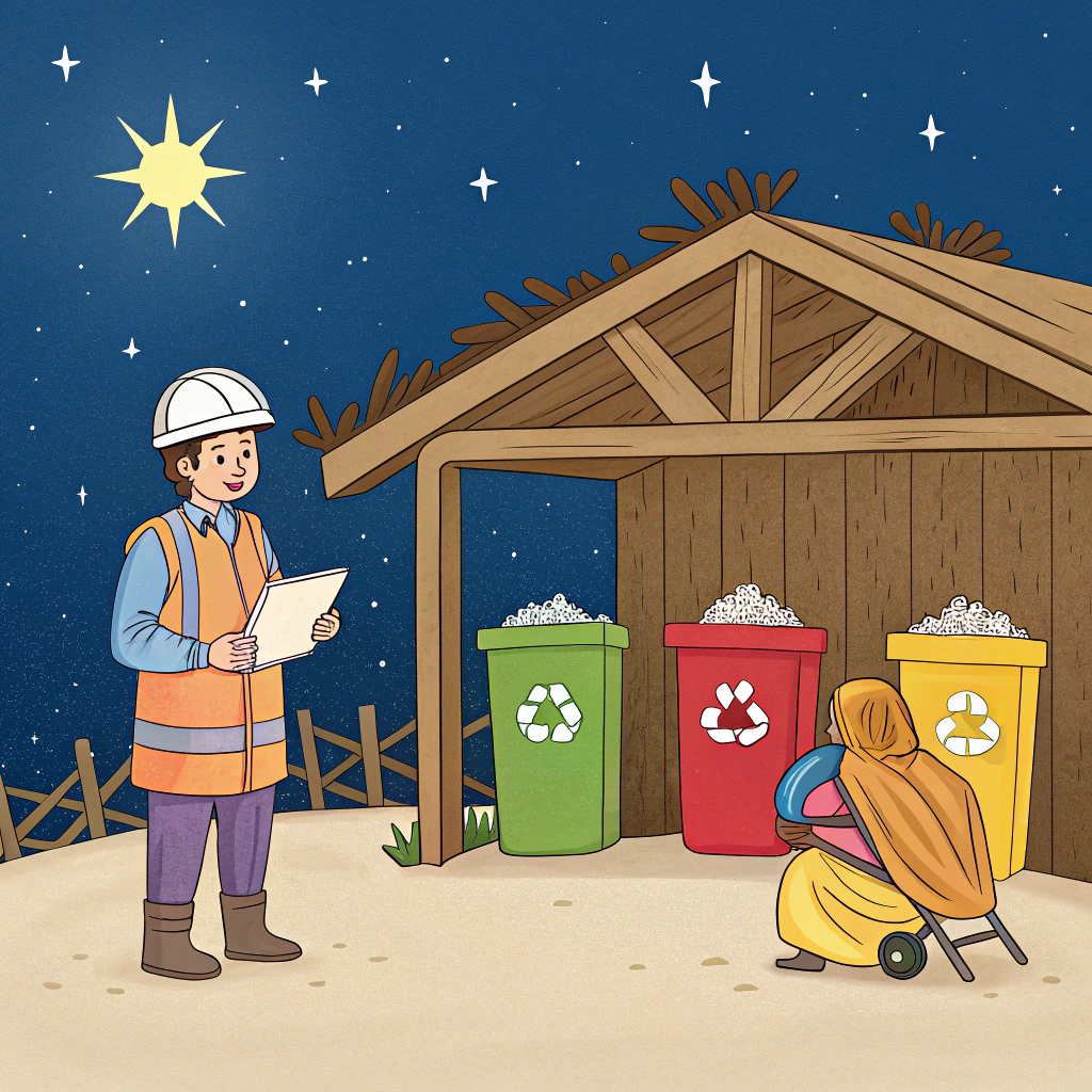 AI generated image by Red Panda AI: "A Christmas nativity scene with the three wise men, a construction worker wearing a helmet standing next to them, Mary and Joseph with a baby in a stroller, and two large recycling bins in the background. The wise men are holding gifts, and the construction worker is looking at the nativity scene with curiosity. The scene is set outdoors with a starry night sky, and the traditional stable is visible with hay and wooden beams. The recycling bins are labeled for different types of waste, contrasting with the peacef