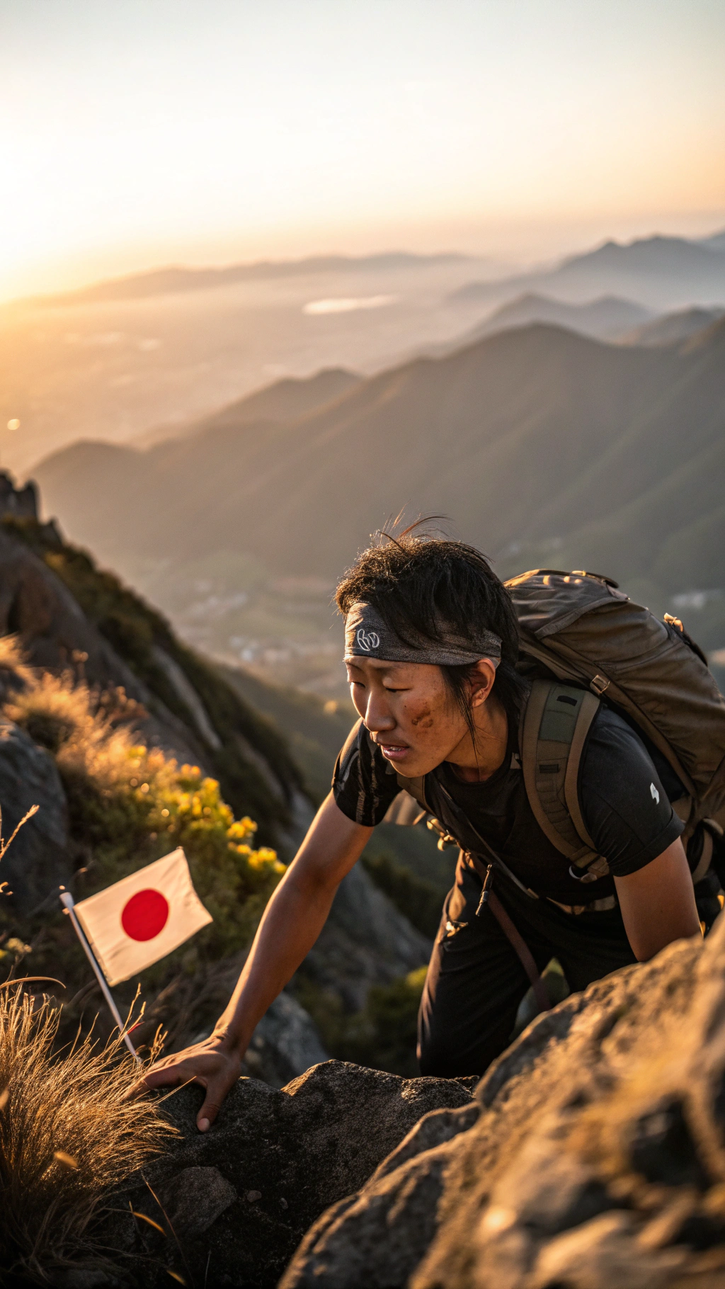 AI generated image by Red Panda AI: A realistic depiction of perseverance and effort inspired by the Japanese concept of 'Ganbaru.' The scene features a determined individual climbing a steep and rocky mountain trail at sunrise, symbolizing persistence and dedication. The person's face shows focus and resilience, with sweat dripping from their forehead. The environment is rugged and awe-inspiring, with a breathtaking view of the valley and distant mountains. A small Japanese flag or symbolic charm hangs from their backpack, representing cultural motivation. The warm sunlight illuminates the scene, creating a dramatic and inspiring atmosphere."