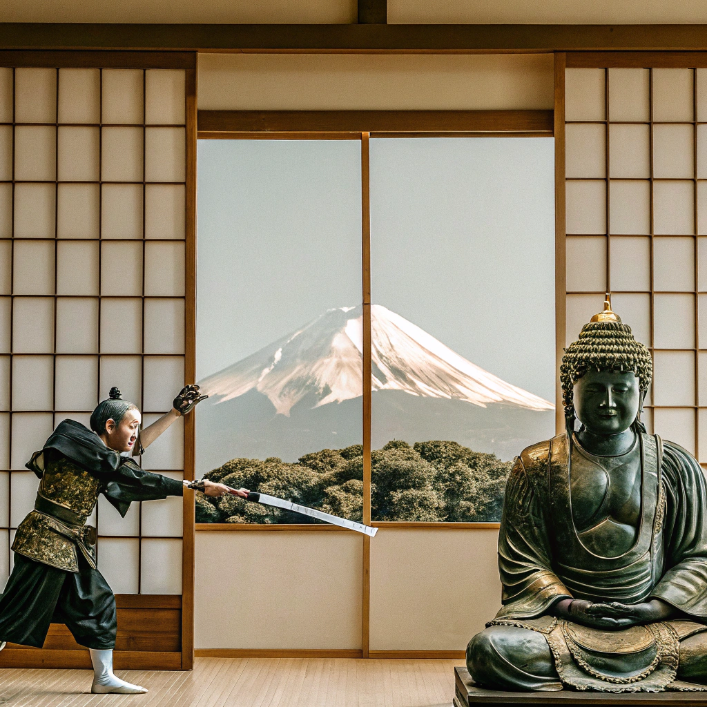 AI generated image by Red Panda AI: Buda sendo atacado por um samurai e se defendendo com poder espiritual e o Monte Fuji ao fundo 