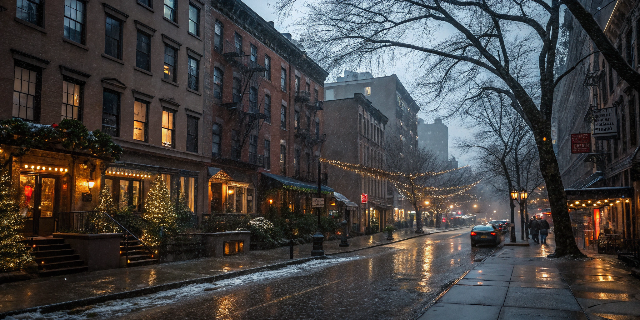 AI generated image by Red Panda AI: a view of a december evening in a rainy new york street, with brown stones, winter, christmas decorations